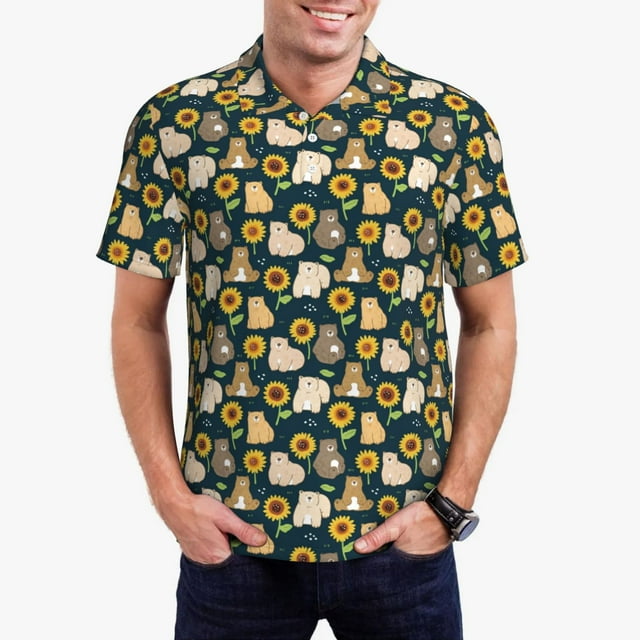 Balery Bear Sunflower Camisa Polo de Hombre con Estampado, de Manga Corta y Tejido Medio, Camisa Tipo Golf Polo-XX-Large