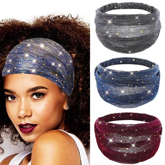 TELOLY Sequin Wide Headband Black Turban Headbands African Glitter Head Wraps Stretchy Bling Hair Wraps Hair Bands Yoga Running Sport Hair Accessories for Women and Girls