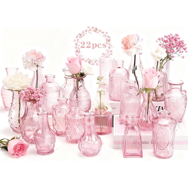 VIOPY Juego de 22 Floreros Decorativos para Mesa, Jarrones para Centro de Mesa, Floreros de Cristal, Floreros Pequeños de Vidrio, con Relieve Clásico Transparentes para Hogar y B