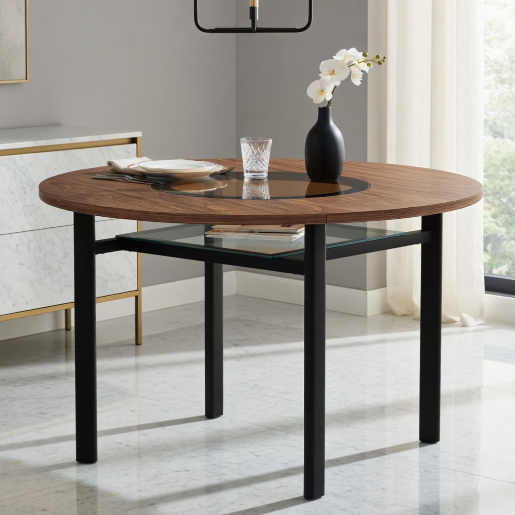 Hommoo 42 Inch Round Dining Table, Modern Minimalist Brown Wood Grain Top with Teal-Tinted Glass Inlay, Black Metal Base & Lower Glass Shelf for 4-6 People, Walnut & Black