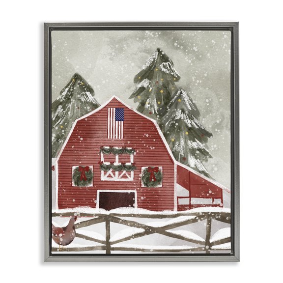 Stupell Industries Traditional Americana Barn Holiday Snow Scene Gray Floating Frame Canvas Art, 25 x 31, by Laura Konyndyk
