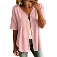 thumbnail image 2 of Yrmaups Loose Fit Short Sleeve Blouse for Women Plus Size, Casual V Neck Button Down Top, Soft Stretch Tee for Work Travel Home Daily Wear, Pink M, 2 of 7