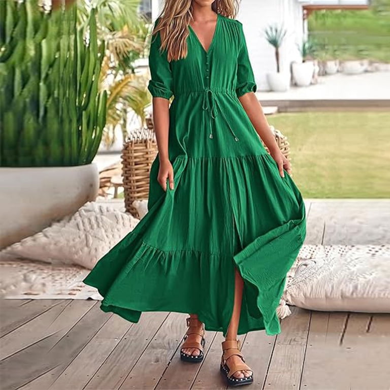 YWJOUDA Plus Size Dresses for Women 2026 Fashion V-neck Short Sleeve Dress Short Sleeve V-neck Ankle-length Dress, Women's, Size: XL, Green