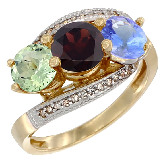 14K Yellow Gold Natural Green Amethyst, Garnet & Tanzanite 3 stone Ring Round 6mm Diamond Accent, size 8
