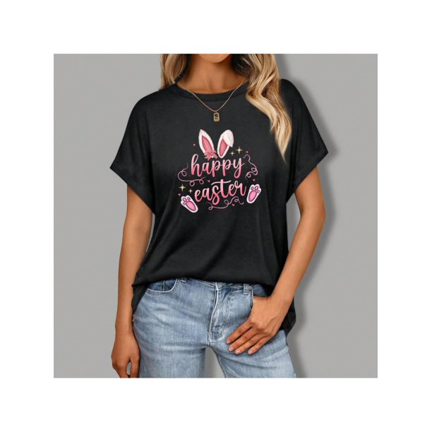 Women's T-Shirt Graphic Easter Cute Bunny Printed Casual Short Sleeve Tops Summer Loose Fitted Top Tee For Adult, Men, Women, Teen, Teenager, Adolescent, Youth.