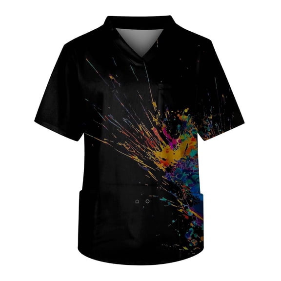 black Scrubs Mens V-Neck Short Sleeve Printed T Shirts Front Chest Pocket Work Uniform Nursing Worker Tops