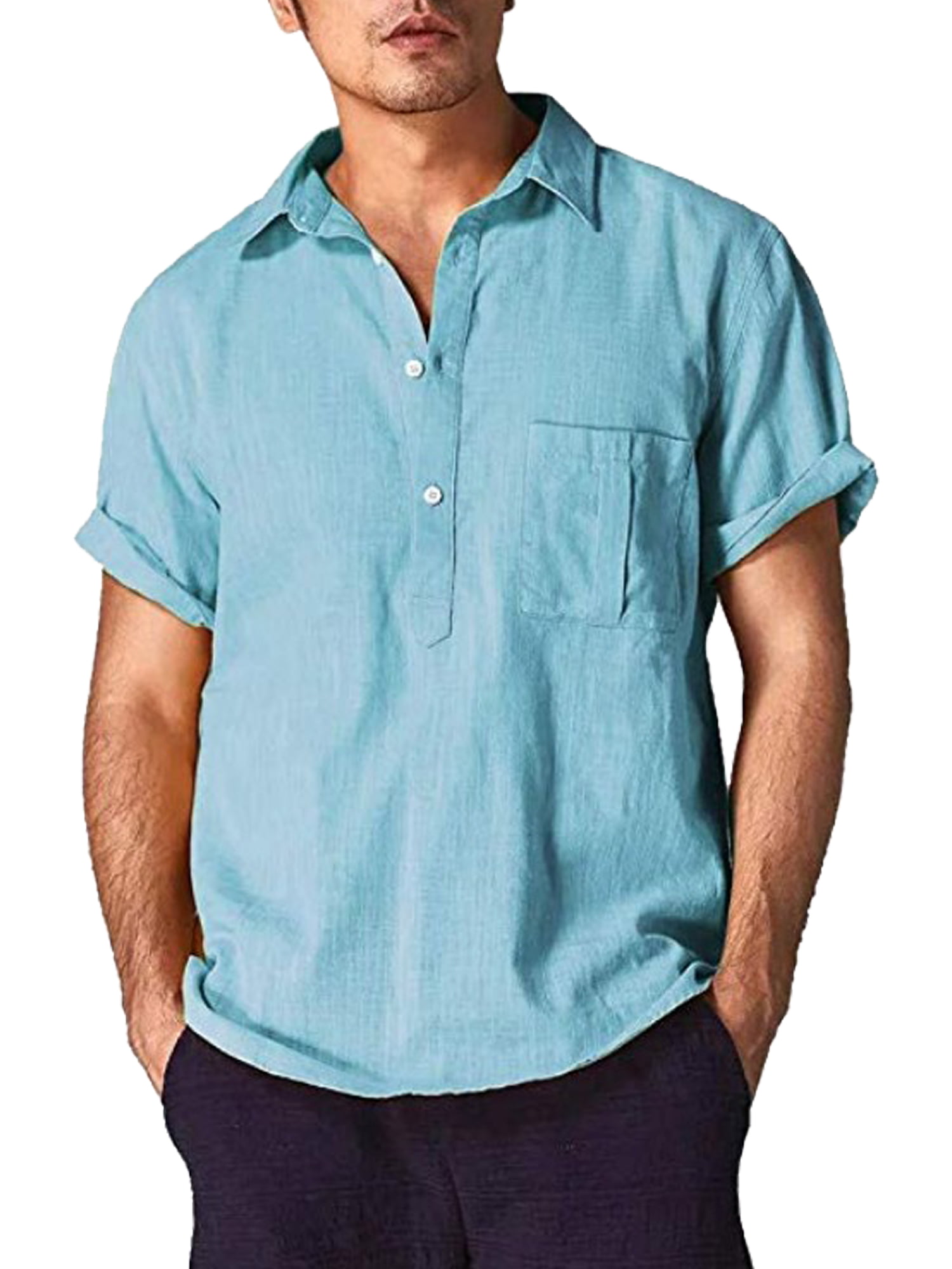 Sweatwater Mens Short Sleeve Solid Lapel Neck Formal Button Down Shirts
