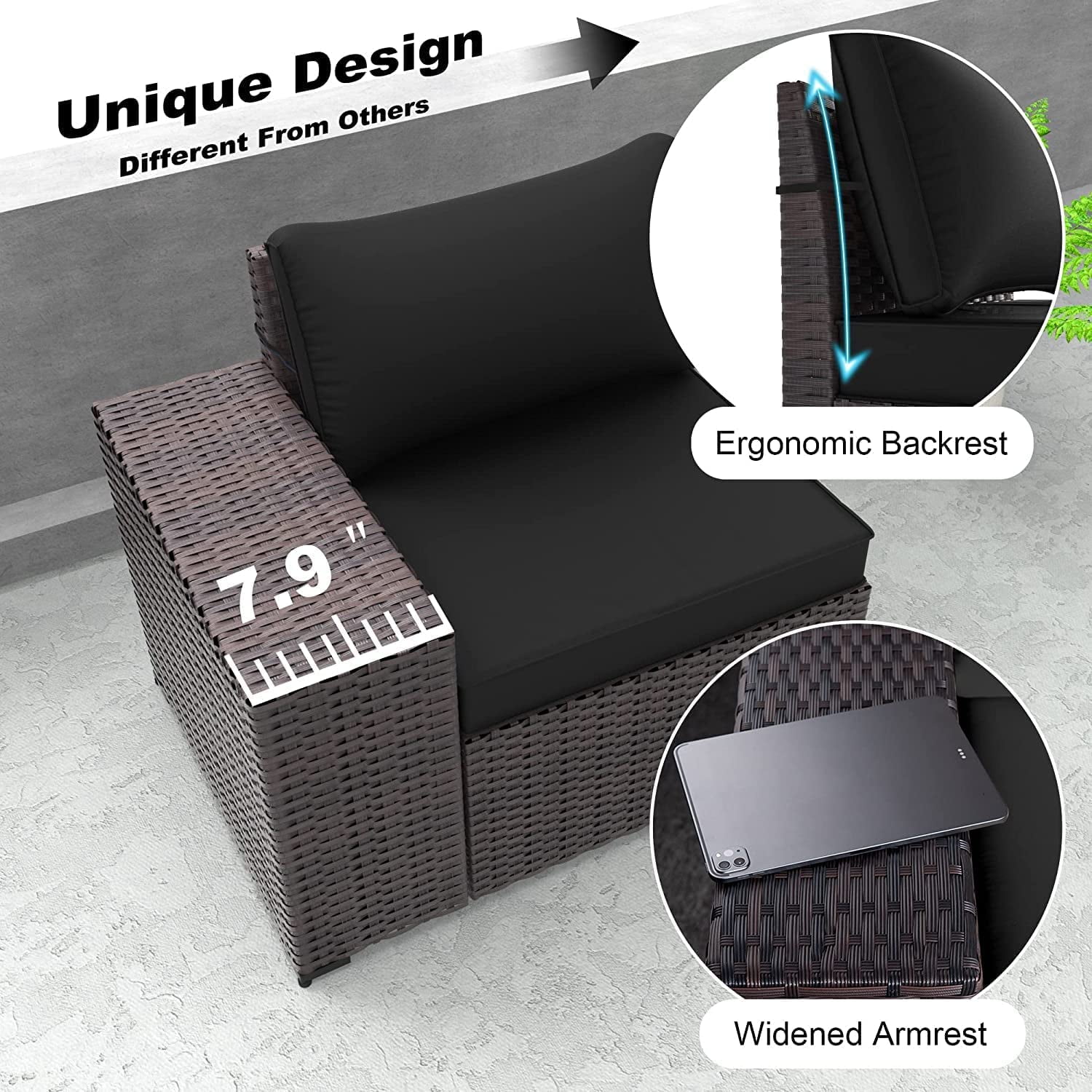 Gotland Outdoor Patio Furniture Set 12Pcs Sectional Rattan Sofa Set Wicker 10 Cushion 2 Table, Black