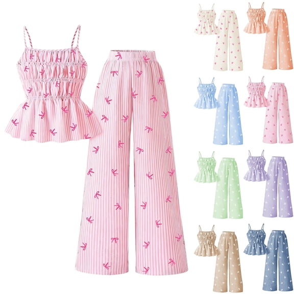 Bovxnpu Girls Summer Clothing Sets Girls Bow Graphic Tank Top Elastic Waist Wide Leg Pants Sweet Outfit Set