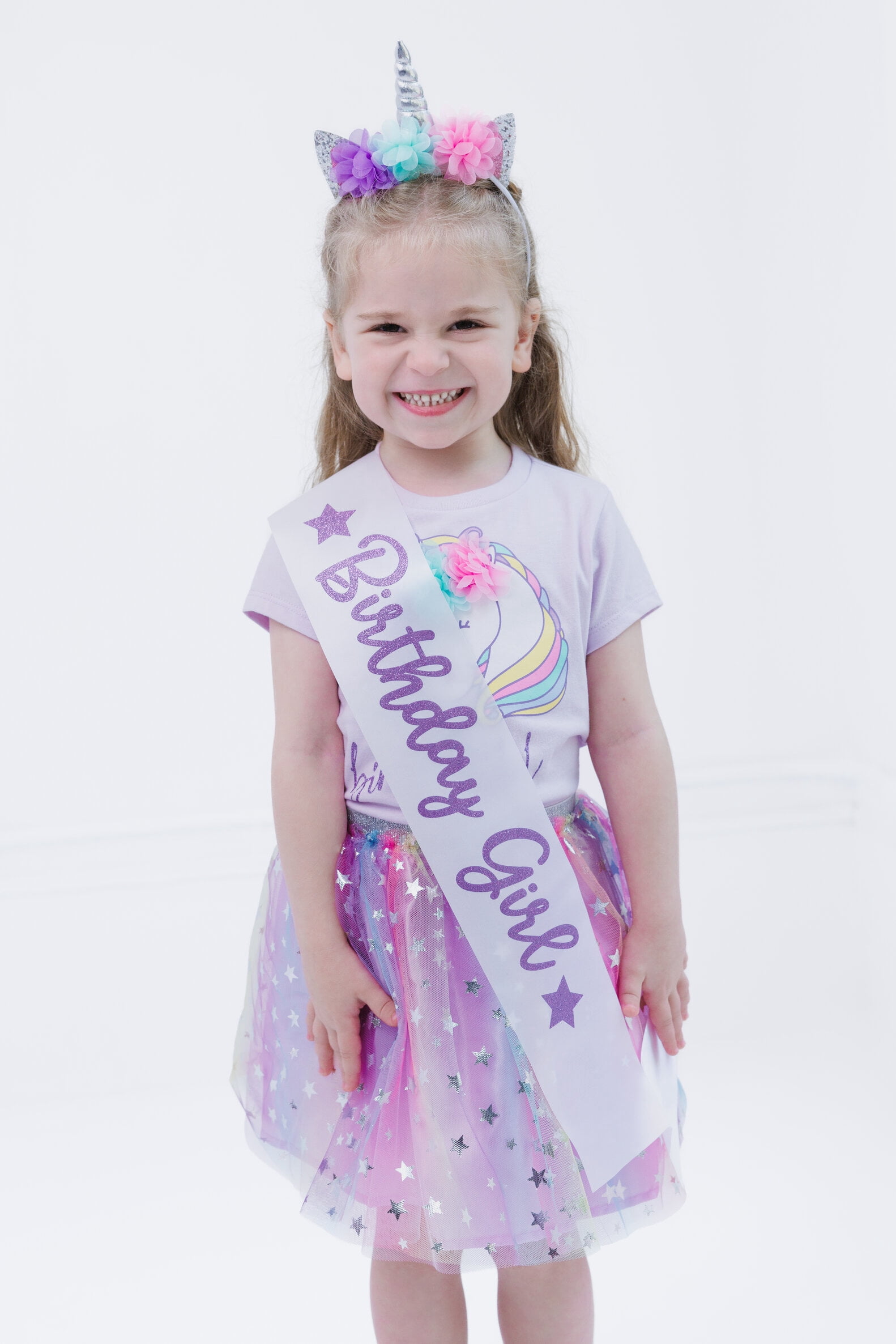 imagikids Rainbow Unicorn Birthday Girl Outfit - Shirt, Tutu Skirt, Headband, & Satin Sash 4 Piece Clothing Set Toddler to Big Kid Sizes