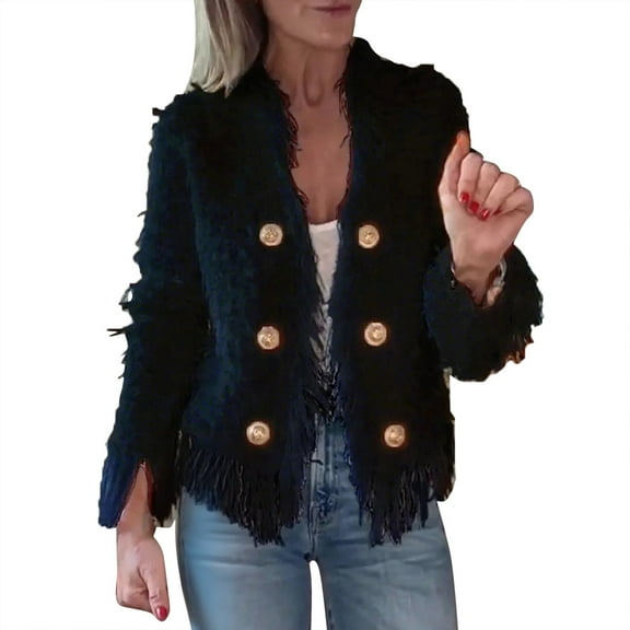 iHPH7 Fuzzy Cardigans for Women Going Out Jackets for Women Fringe Cardigan for Women Womens Jacket Womens Jackets Dressy Casual Outerwear Fall Outfits Black L