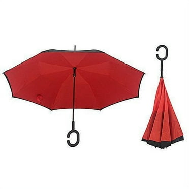 Inverted Umbrella Windproof Reverse Double Layer Umbrella with C-shaped Hands Red