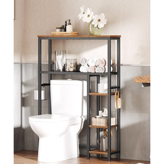 Over The Toilet Storage, 5-Tier Bathroom Organizer Over Toilet with Toilet Paper Holder, Hooks, Freestanding Bathroom Storage Shelves for Room, Space Saver, Rustic Brown and Black BF84TS01