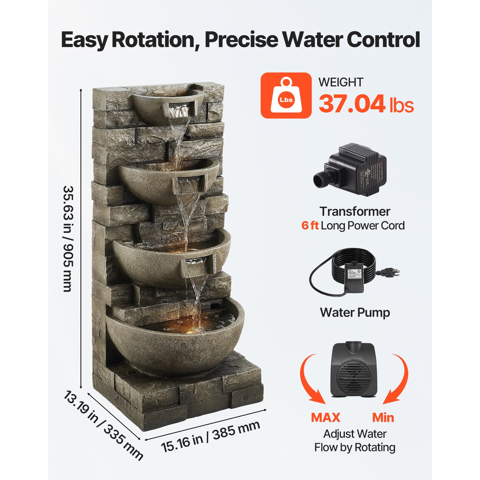 KFFKFF Outdoor Water Fountain, 35.63-Inch Tall 4-Tier Cascading Design with LED Light and Pump, Modern Block Stack Style for Garden, Patio, Backyard, or Indoor Spaces