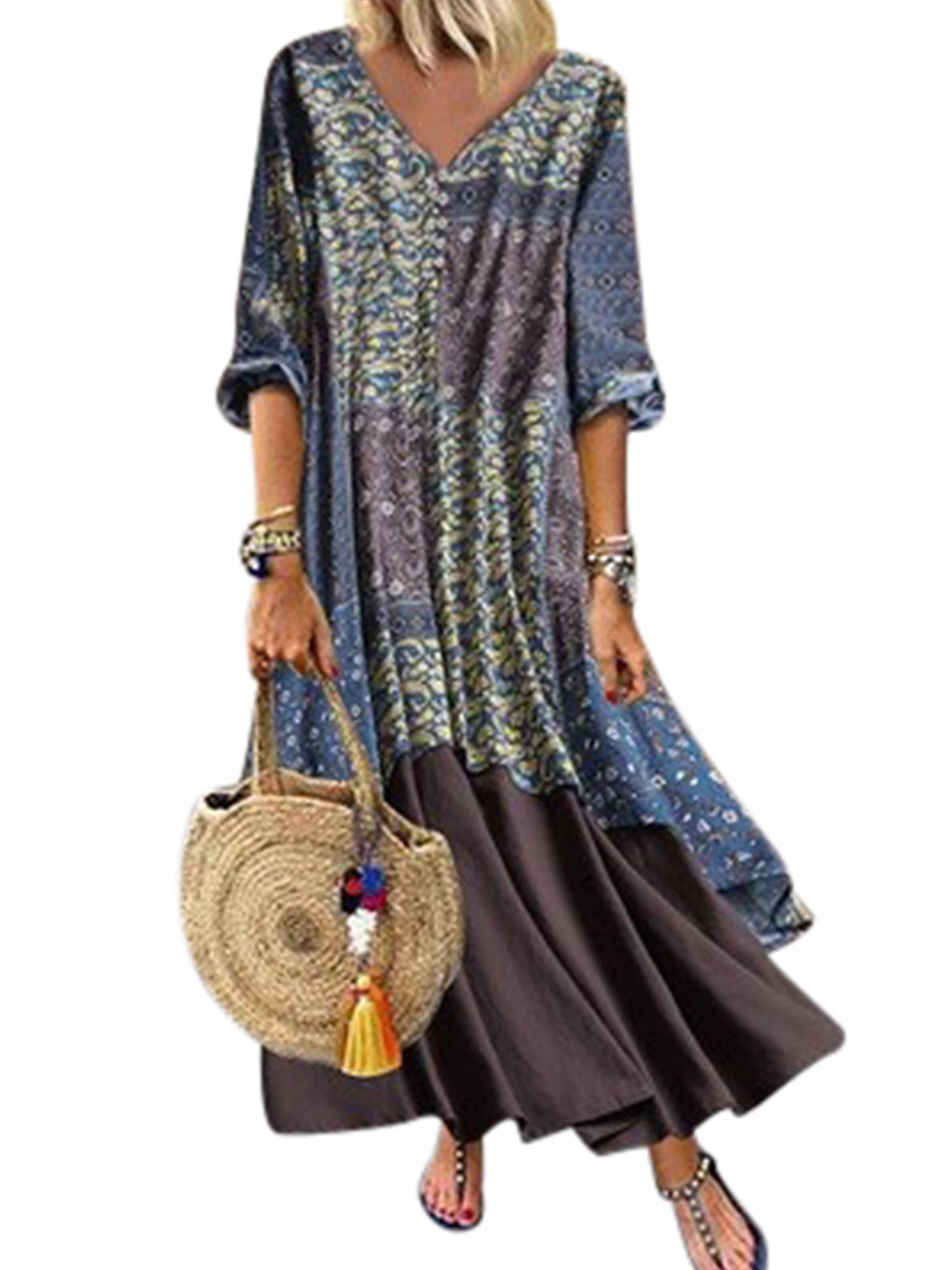 UKAP - Plus Size Women Boho Cotton Linen Long Dress Half Sleeve Maxi ... Gypsy Boho Dress