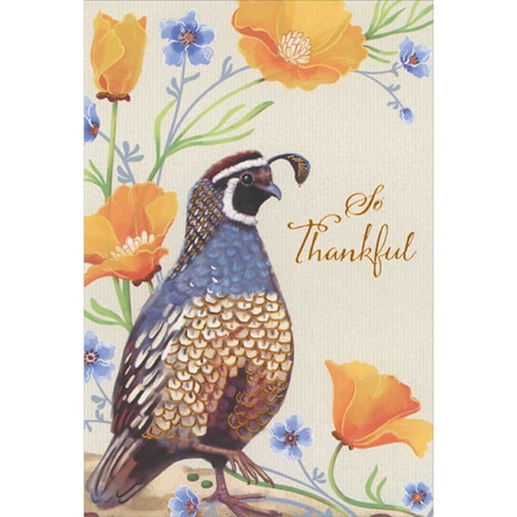 Pictura So Thankful: Blue and Bronze Foil Quail with Yellow and Blue Flowers Thanksgiving Card