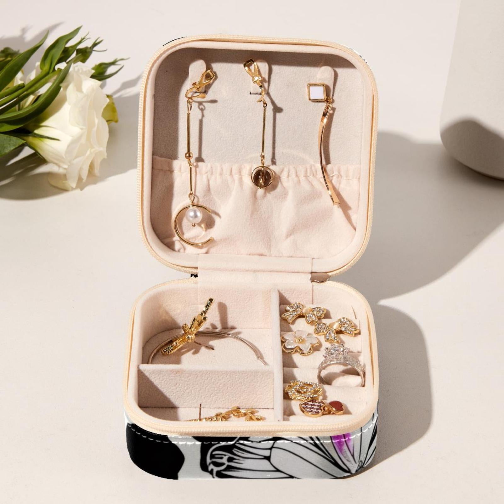 PhooArto Small Jewellery Box, Color Flowers Butterfly Leopard Spots Portable Travel Mini Jewelry Case for Women Leather Ring Organizer