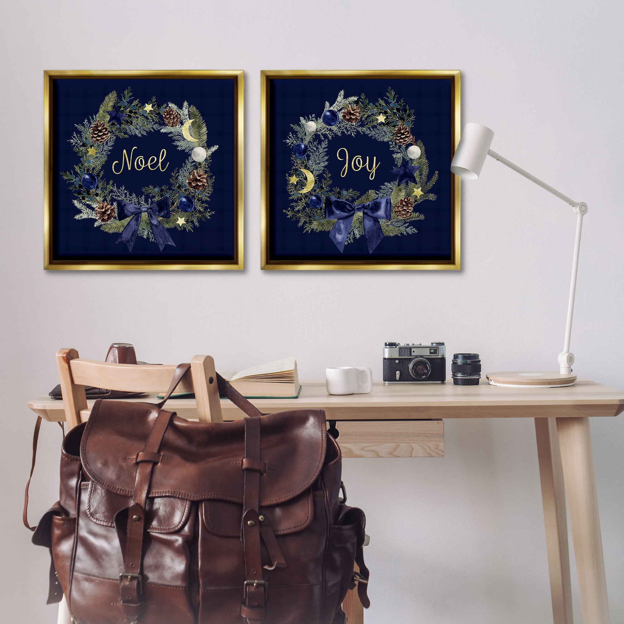 Stupell Industries Noel Joy Balsam Wreath Pinecones Holiday Painting Gold Floater Framed Canvas Art Prints Wall Art, 25 x 25, Set of 2
