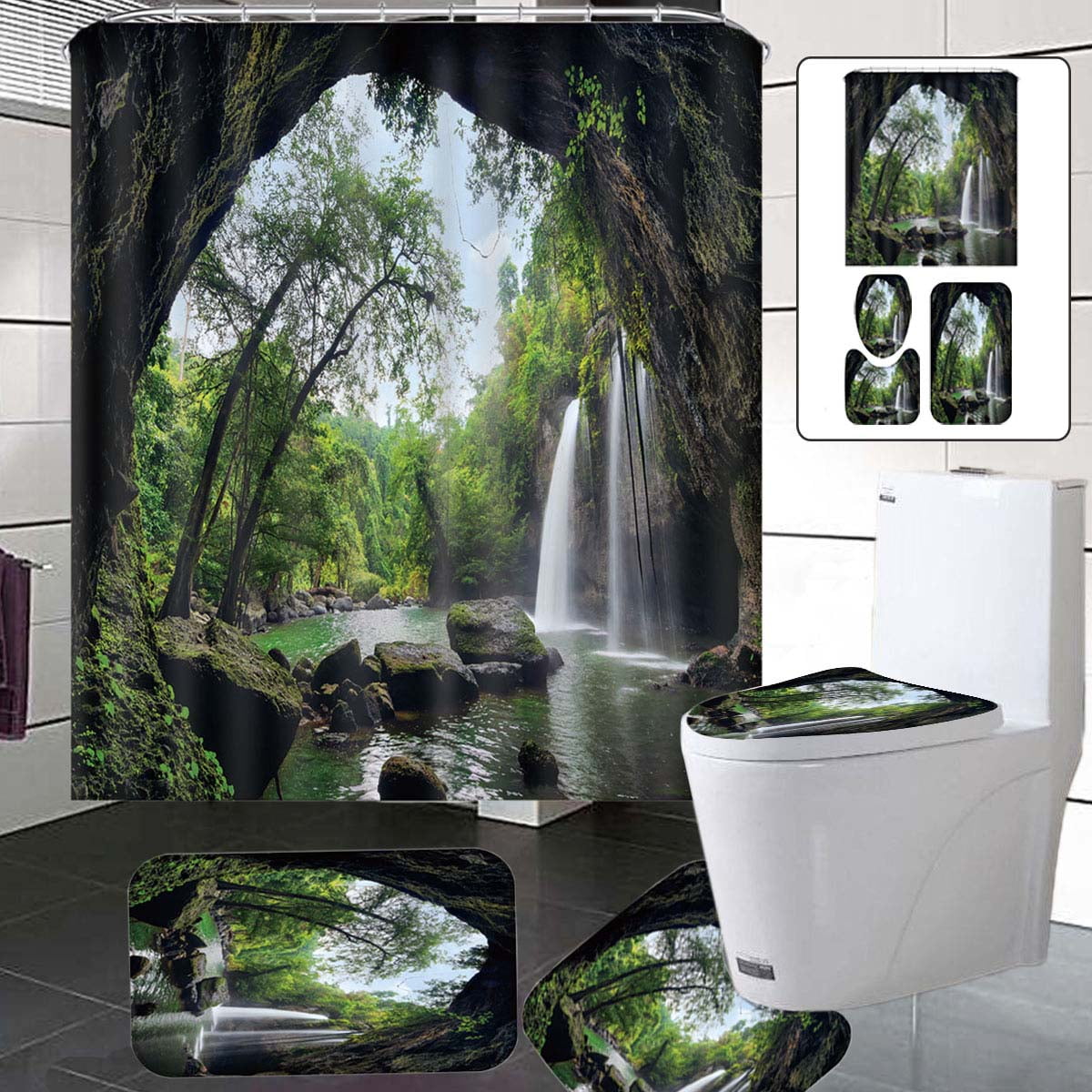 Waterfall Waterproof 180cm Shower Curtain Lid Toilet Cover Pedestal Rug Bath Mat 