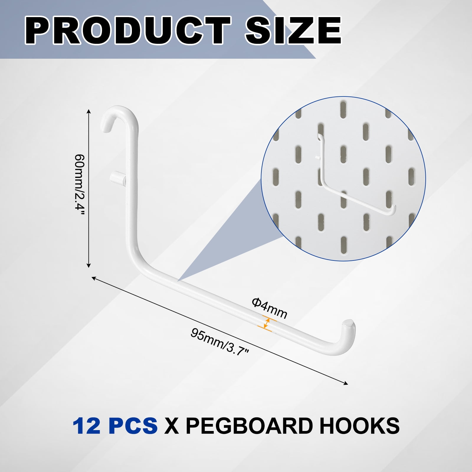 Uxcell 12Pcs Pegboard Hooks, 3.7 x 2.4 in Metal Peg Board Hooks for Hanging Fit 5x16mm, White
