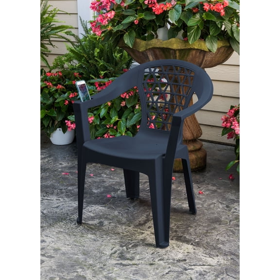 Adams Penza Outdoor Resin Stack Chair with Phone Holder Ideal for Pool, Deck, Backyard, Garden, Blue