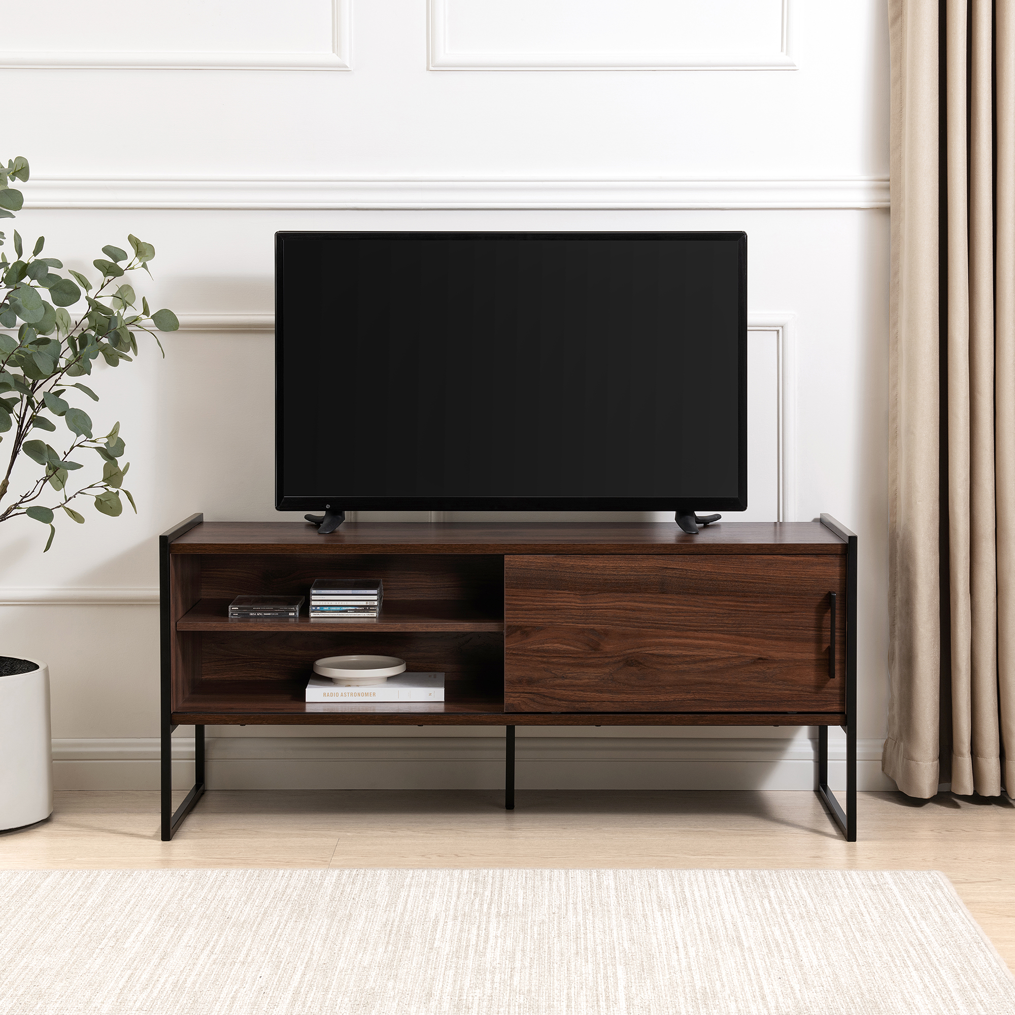 Walker Edison 48” Contemporary Sliding Door TV Stand for TVs up to 50”, Dark Walnut