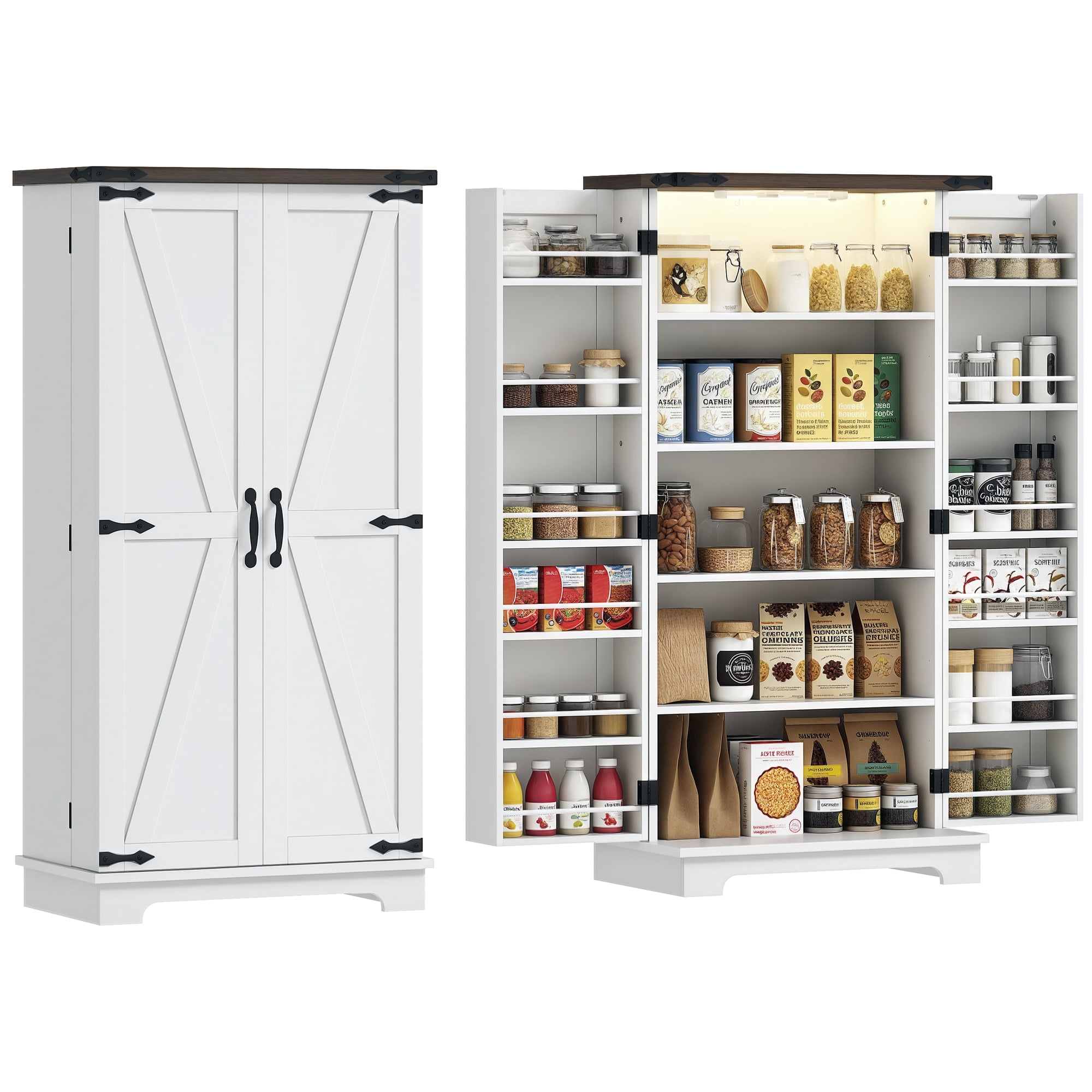 HOMCOM 47" Kitchen Pantry Cabinet with Sensing LED Light, Farmhouse Storage Cabinet with Doors, 2 Adjustable Shelves and 12 Door Shelves, White