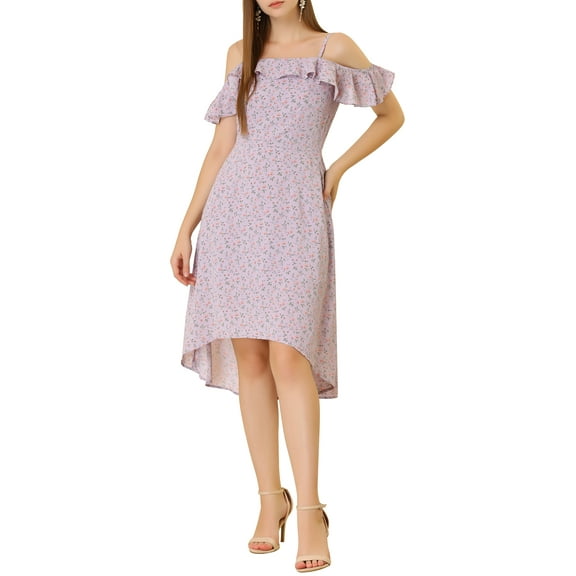 INSPIRE CHIC Women's Spaghatti Straps Ruffled a-Line Midi Floral Dresses S Light Purple