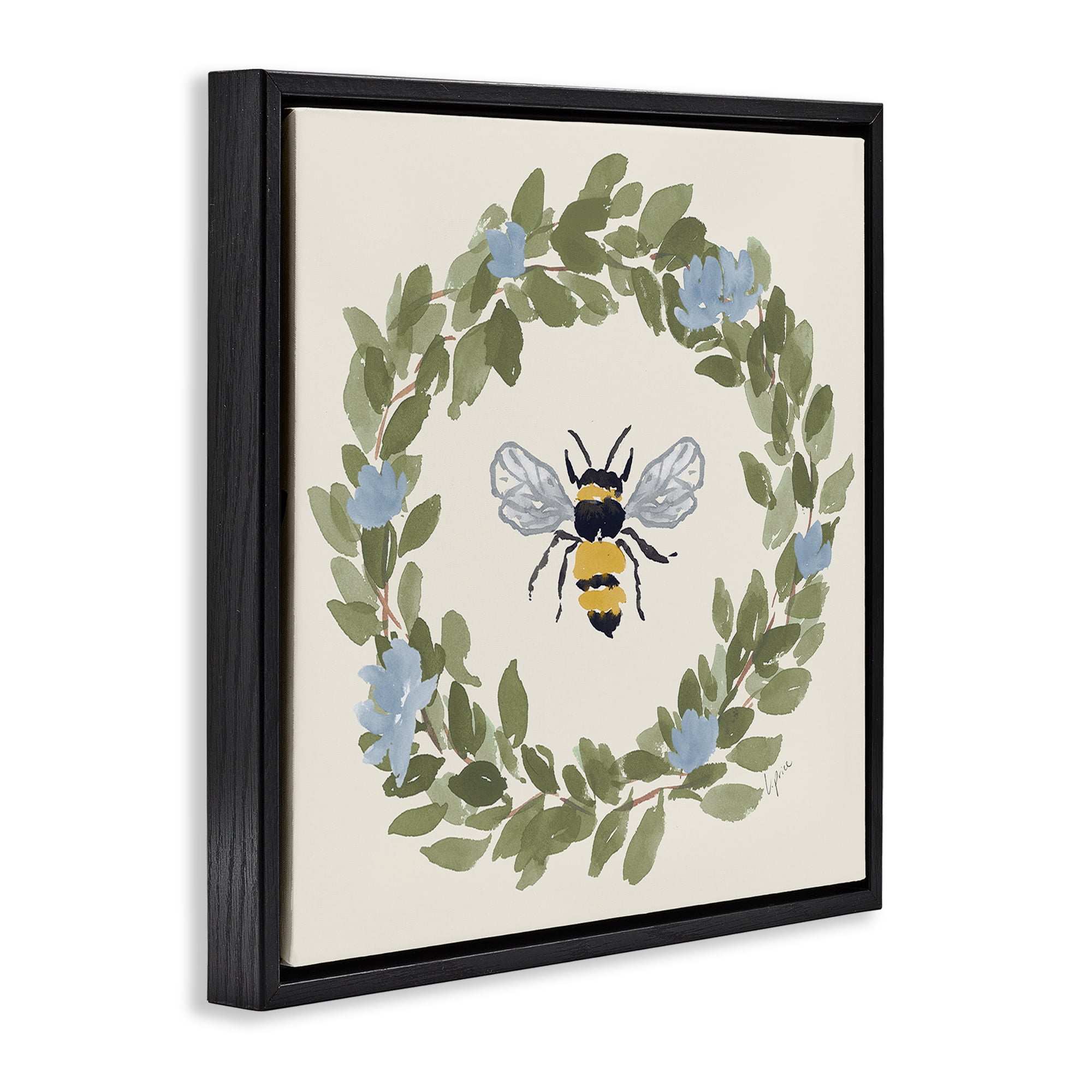 Stupell Industries Bee Celebration Wreath Black Framed Floater Canvas Wall Art, design by Lucille Price