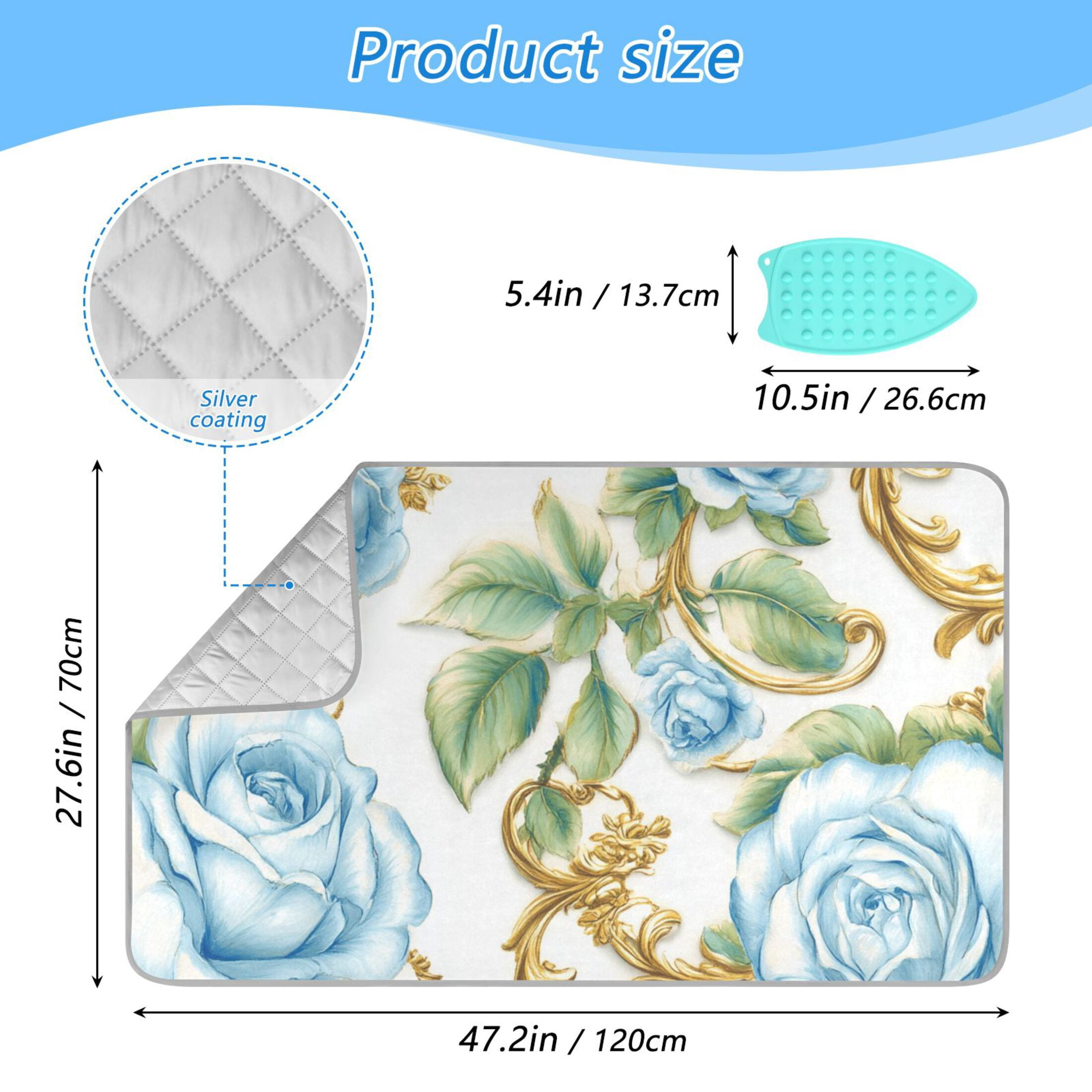 Elegant Blue Flowers Ironing Mat Blanket for Table Top Travel Portable Ironing Board Pad 47.2x27.6 Inch