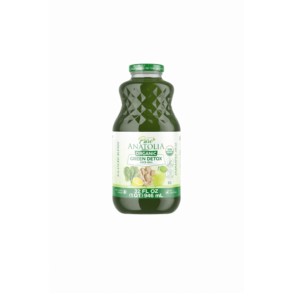 Pure Anatolia Organic Green Juice Detox Blend 32 fl oz - Vegetable & Fruit Drink with Spinach, Apple, Ginger, Lemon - Fresh Pressed Healthy Juice Reusable Glass Bottle