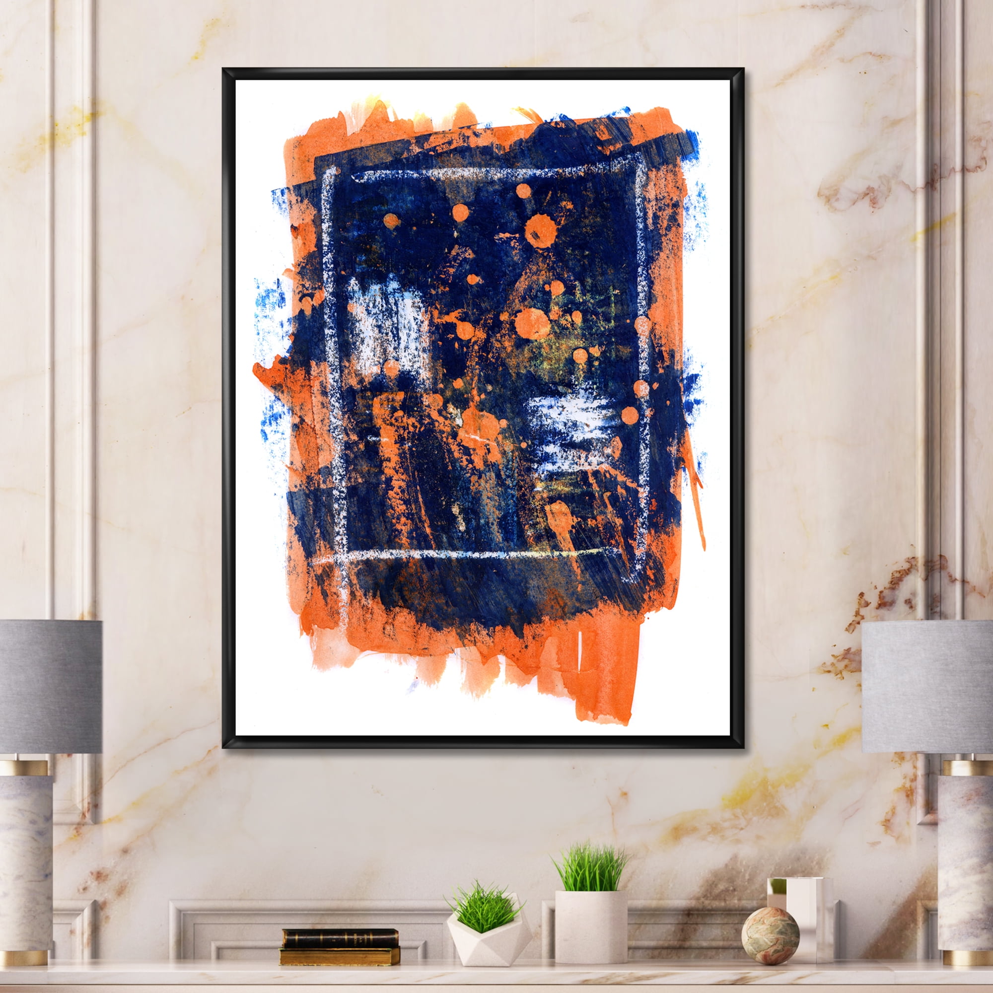 Designart 'Navy Blue and Orange Abstract' Modern Framed Canvas Wall Art Print
