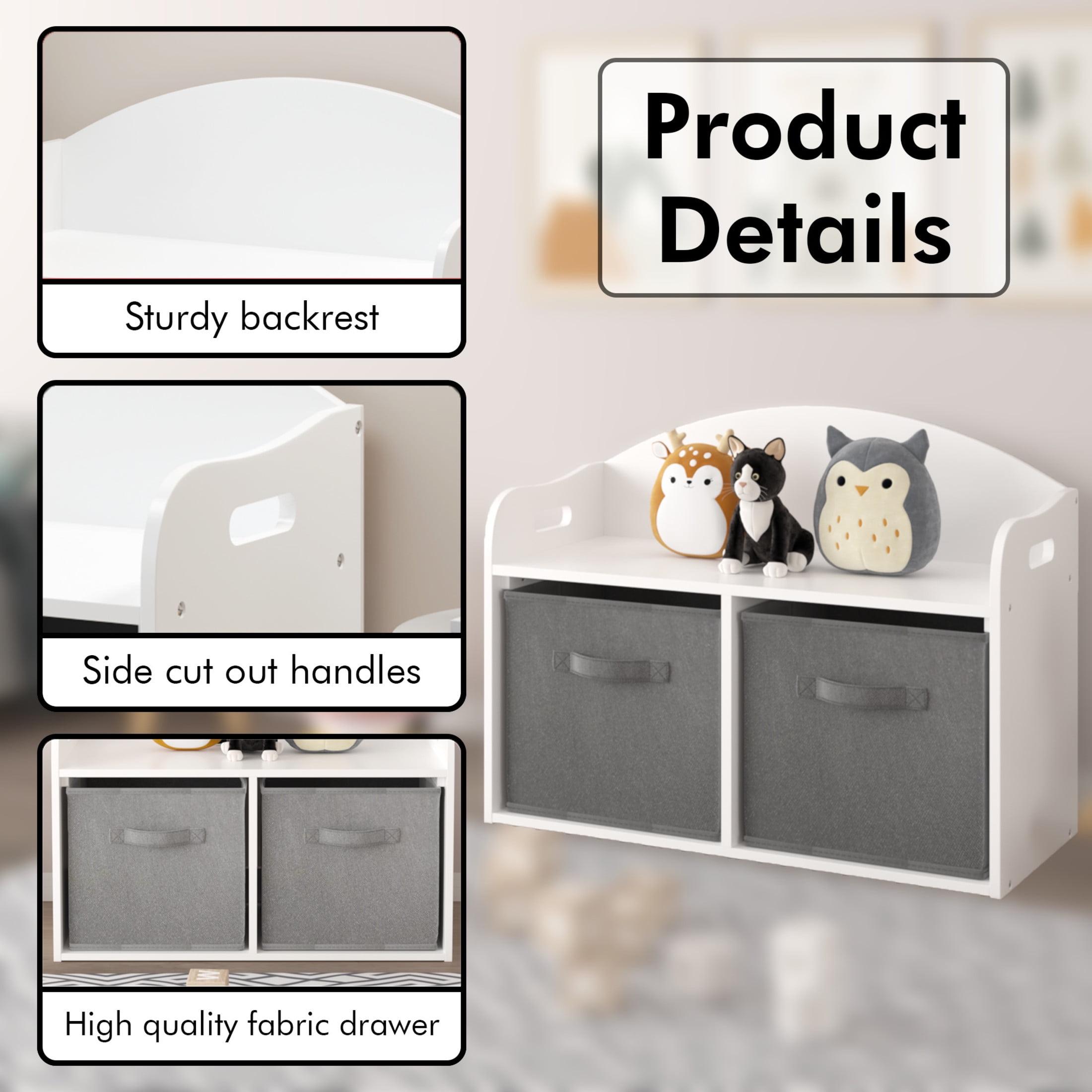 Noble House 24.6" Kids Wooden Toy Box Bench with 2 Fabric Drawers, Toy Storage Cabinet Organizer and Seat, White