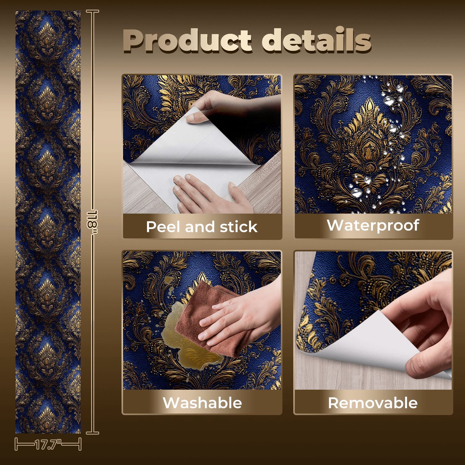 Baroque Peel and Stick Wallpaper Elegant Vintage Damask Intricate Gold Floral Wall Mural 17.7in x 9.8ft Self Adhesive Removable Wall Paper Renter Friendly Wallpaper for Bedroom Livingroom Men