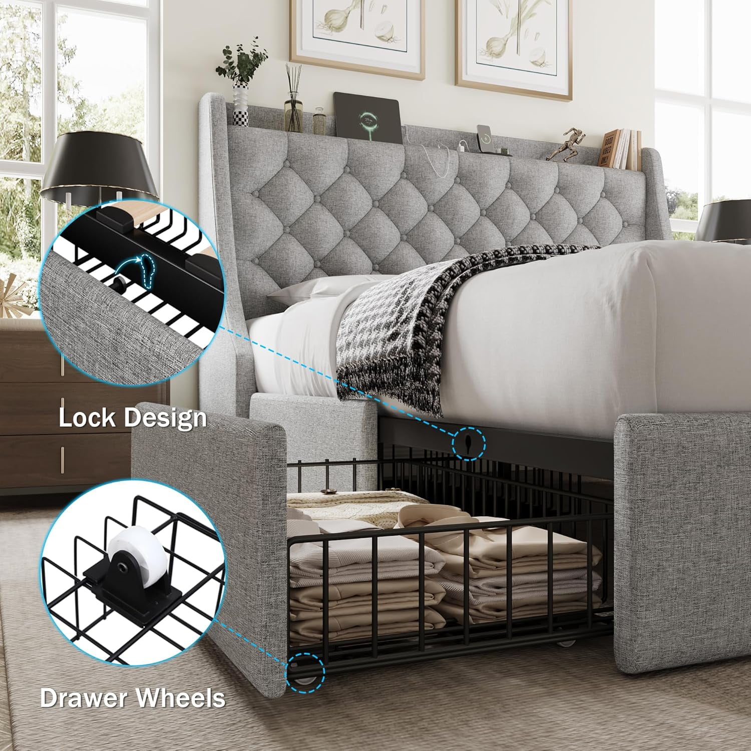 Galnfu Queen Bed Frame with 4 Storage Drawers, Giant Upholstered Wingback Headboard, Fast Charging Station, No Box Spring Needed, Noise-Free,Light Gray