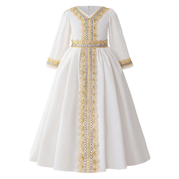 MEZZALL Dresses Elegant Embroidered Belted Robe Dress Girls Traditional Abaya Gown With Lace Trim Party Wear Cozy Short Sleeve Crew Neck Solid Color Child Sundress