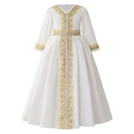 ZXLBBD Girls Dresses Embroidered Long Sleeve V Neck High Waist Belted Robe Traditional Abaya with Lace Trim Elegant Party Formal Dress