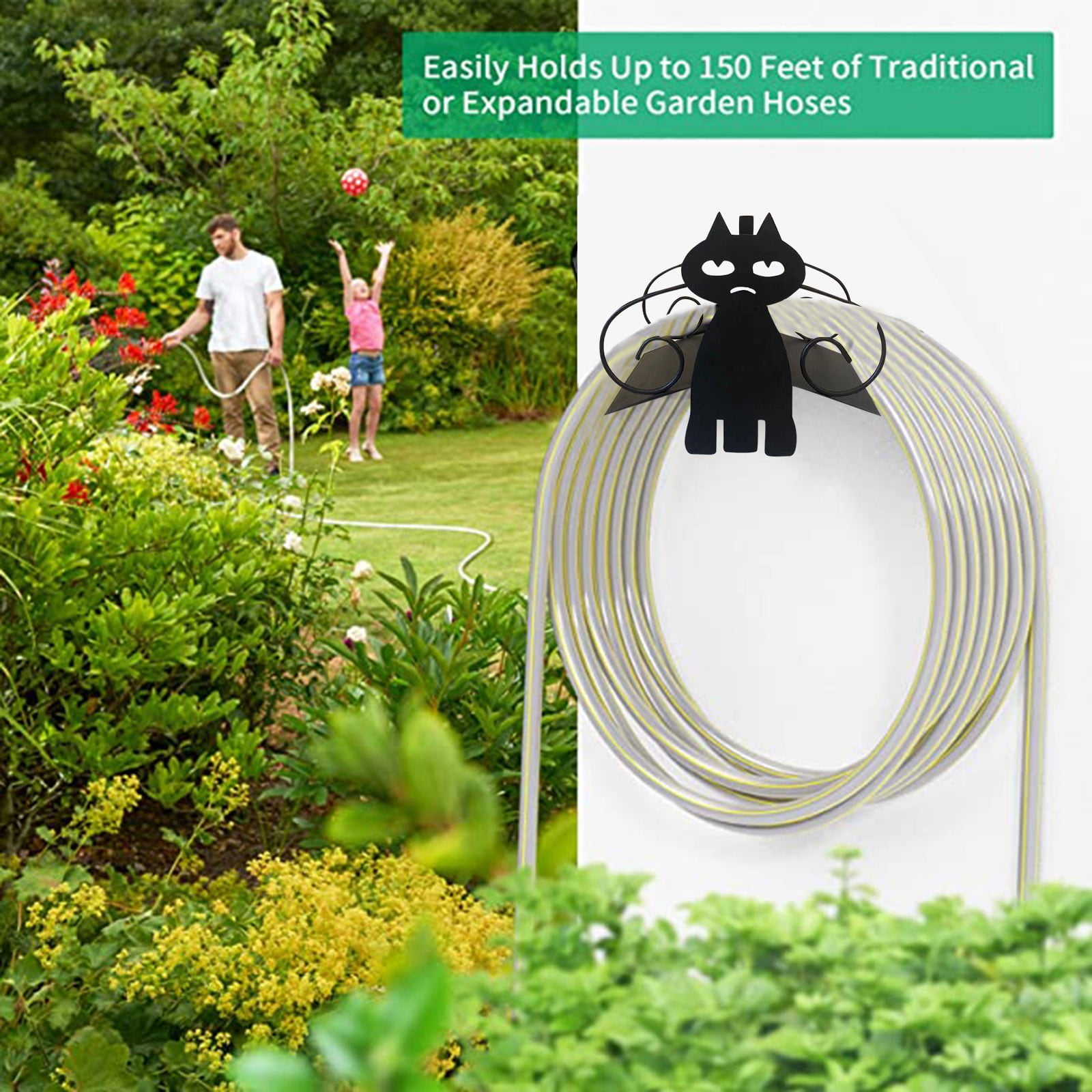 (Clearance) BNNG Black Cats Water Hose Holder, Wall Mount Garden Hose Hanger, Heavy Duty Iron Hose Reel Wall Mounted, Indoor Outdoor Watering Hose Wall Hook, Yard Balcony Water Pipe Storage Rac