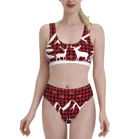 Bixox Christmas Buffalo Plaid Pattern Two-Piece Sports Bikini with U-Shaped Top and High-Waist Bottom - Women s Swimwear with Removable Bra Pads