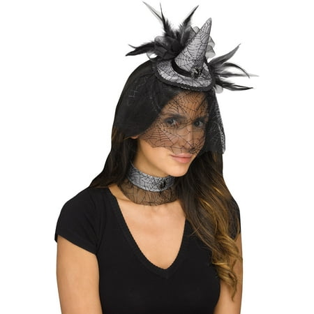 Mini Witch Hat Choker Spiderweb Headband Black Feathers Costume Accessory Set