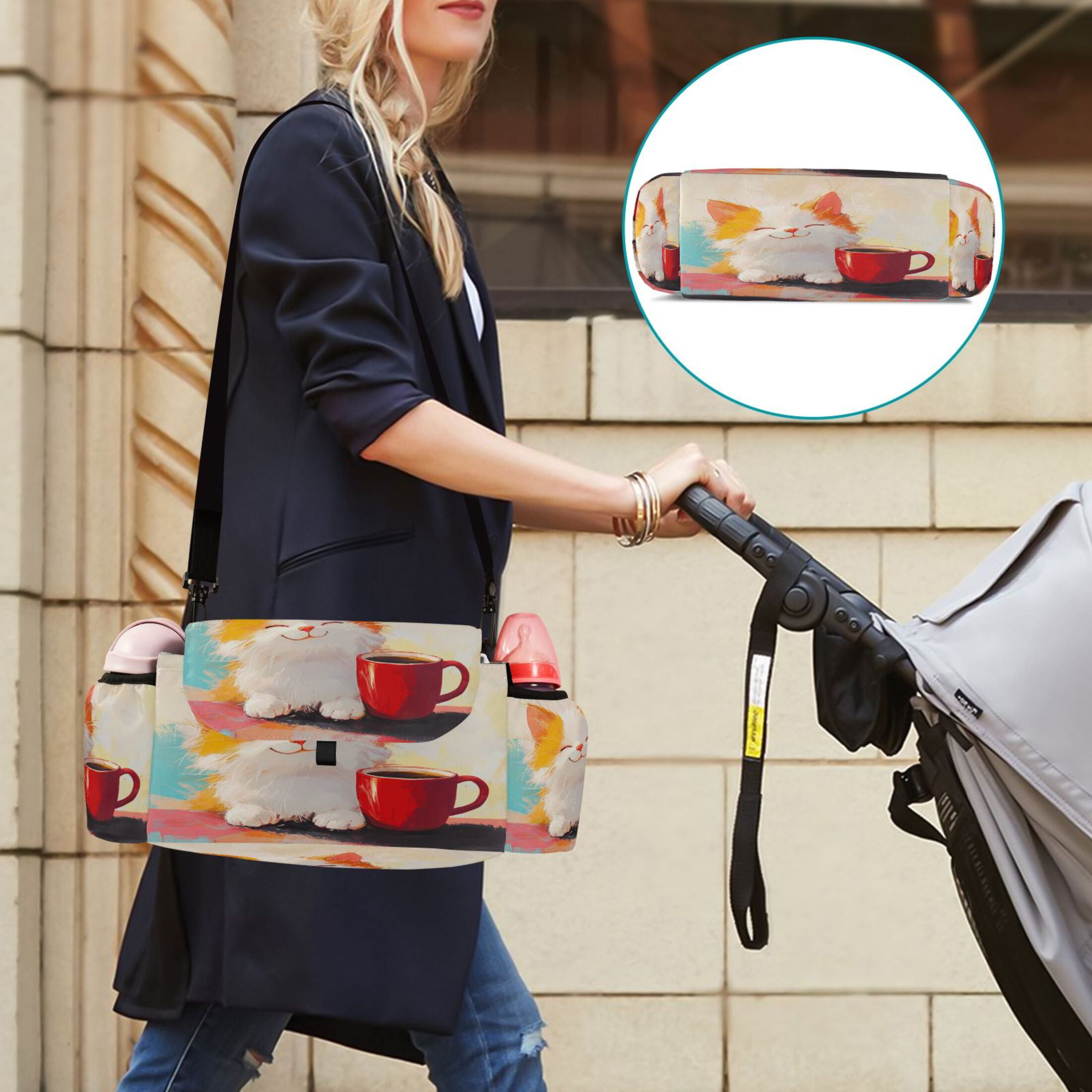 DIXRUYEE Stroller Organizer Joyful Kitty with A Mug Printed