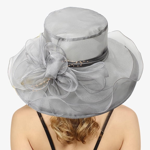 LPKRT Women'S Flower Church Hats Lightweight Wide Brim Tea Party Hat Elegant Vintage Dress Hats Grey