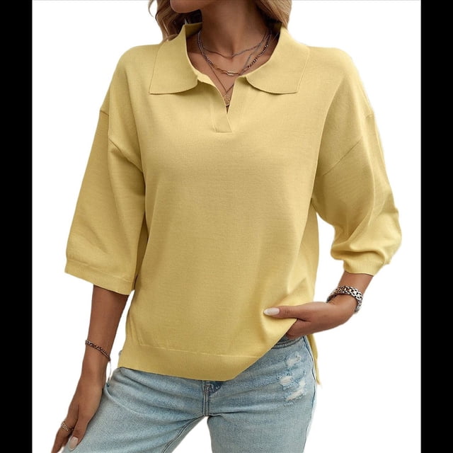Suéter Tipo Jersey para y Otoño, de Color Liso, Informal, Holgado, de Punto, con Cuello en V y Mangas A Media Pierna Amarillo S