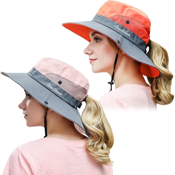 2Pcs Women Ponytail Summer Sun Hat UV Protection Wide Brim Foldable Safari Fishing Cap