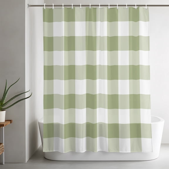 Shower Curtains for Bathroom-36"x72",Sage Green White Plaid Waterproof Bath Curtain Grommet Shower Curtain Set with Hooks,