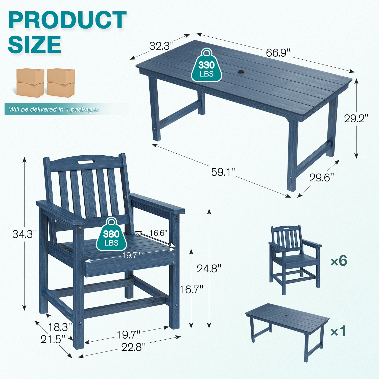 Erinnyees 7-Piece HDPE Outdoor Dining Set, 66.9" Marble Texture Patio Table with Umbrella Hole, and 6 All-Weather Chairs for Yard Deck Porch, Navy Blue