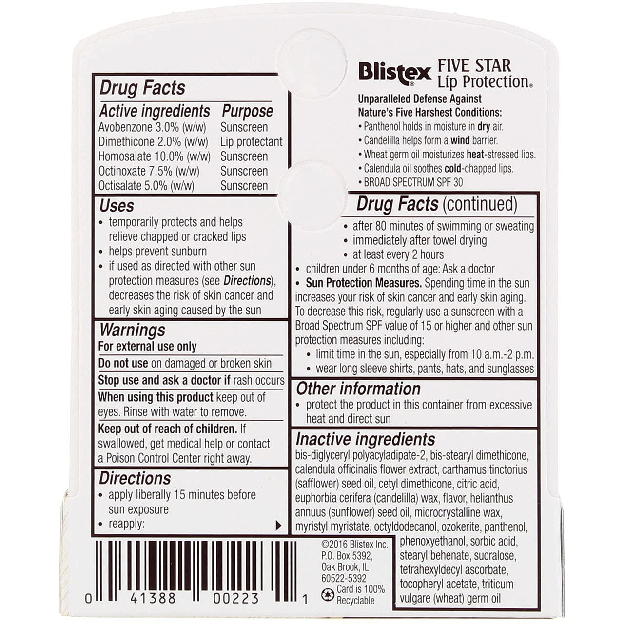 Blistex Five Star Lip Protection Lip Protectant/Sunscreen SPF 30 - 24 Ct