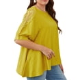 thumbnail image 2 of Camisa de manga corta de encaje de verano para mujer, camiseta holgada con dobladillo Irregular, Top informal con cuello redondo, amarillo XXL, 2 of 5