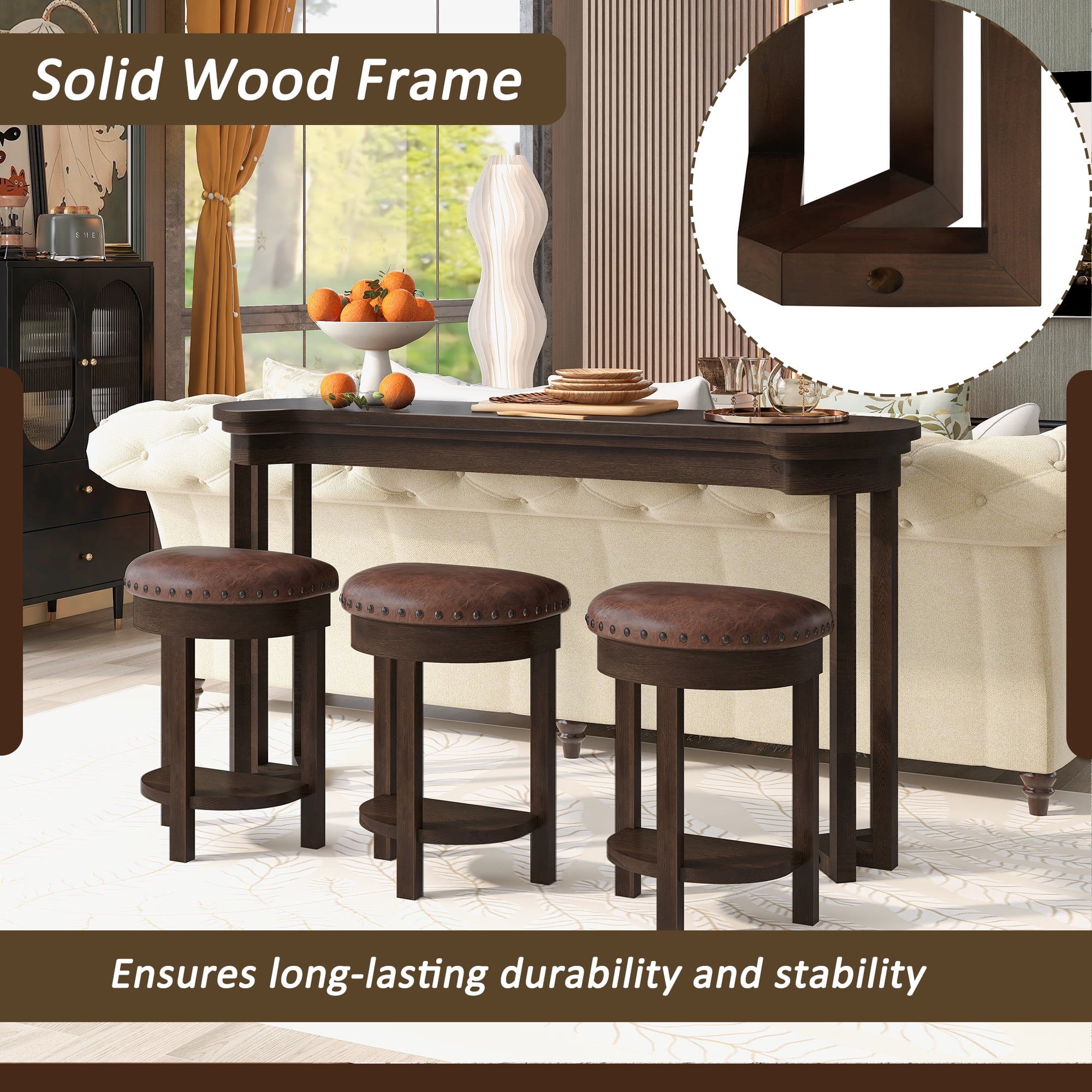Aukfa 60"Solid Pine Wood Bar Set with 3 Stools, Space-Saving Kitchen Dining Table for 3, Compact Bistro Set for Small Apartments,Espresso