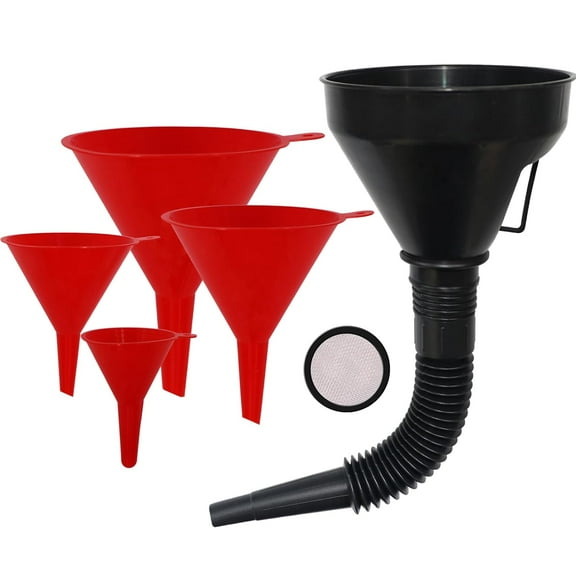 Genreen Plastic Oil Funnels for Automotive Use Set of 5, Oil Funnel for Oil Change,Large Flexible Fuel Funnel with Hose for Gas Transfer, Gasoline Funnels for Cars Boat